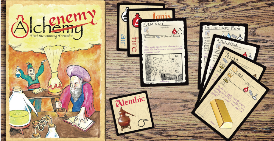 Image of Alchenemy game box, sample cards in play